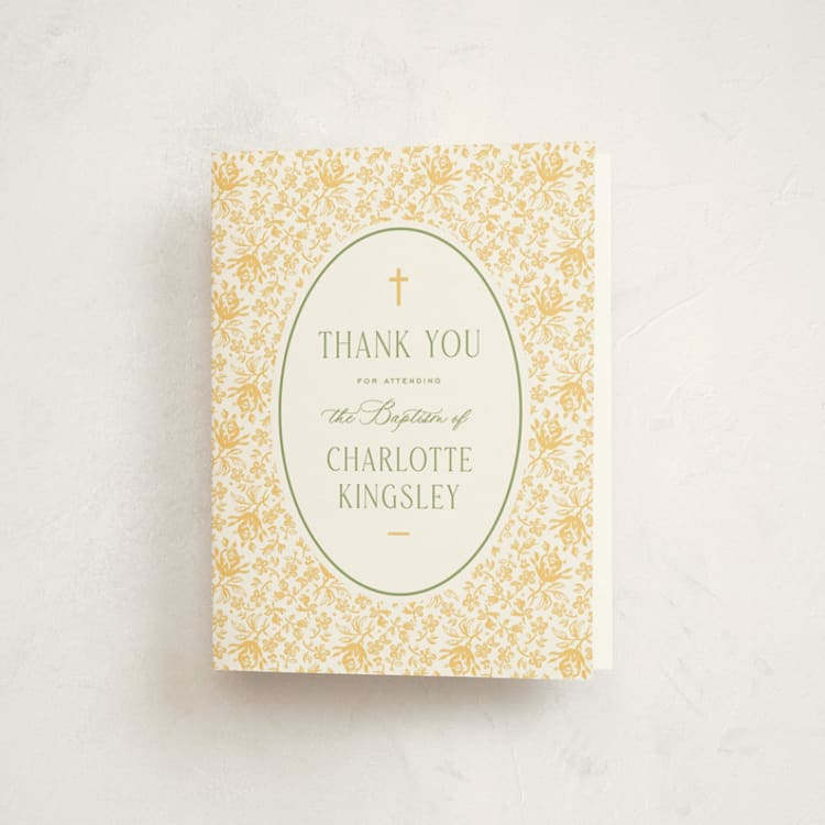 "Calico" - Baptism and Christening Thank You Cards in Daffodil by Heather Schertzer - Front