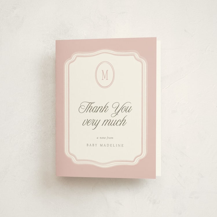 "Lace Monogram" - Baptism and Christening Thank You Cards in Petal by Robert and Stella - Front