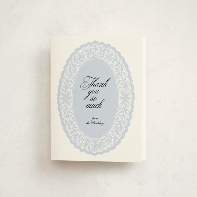 "Lace Oval" - Baptism and Christening Thank You Cards in Powder by Studio Suku - Front