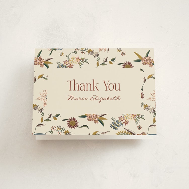 "Silk Floral Print" - Baptism and Christening Thank You Cards in Tan by Becky Nimoy - Front