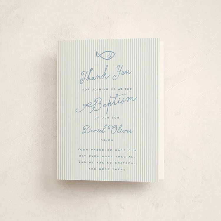 "Baptism Stripes" - Baptism and Christening Thank You Cards in Ocean by Sherley Ferreira - Front