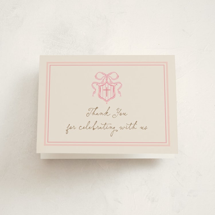 "Little Bow Crest" - Baptism and Christening Thank You Cards in Peony by Jackie Crawford - Front