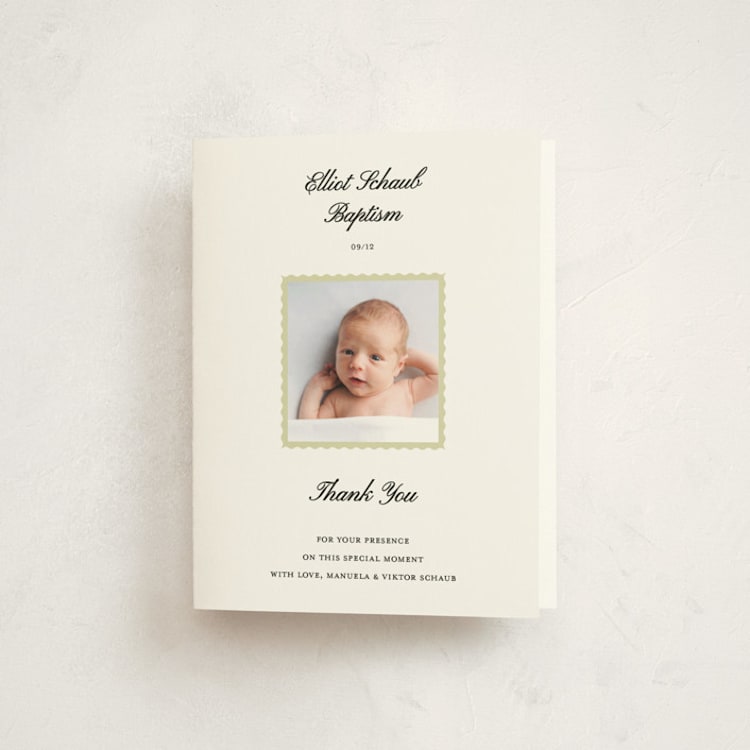 "Photo Framed" - Baptism and Christening Thank You Cards in Sage by Sherley Ferreira - Front