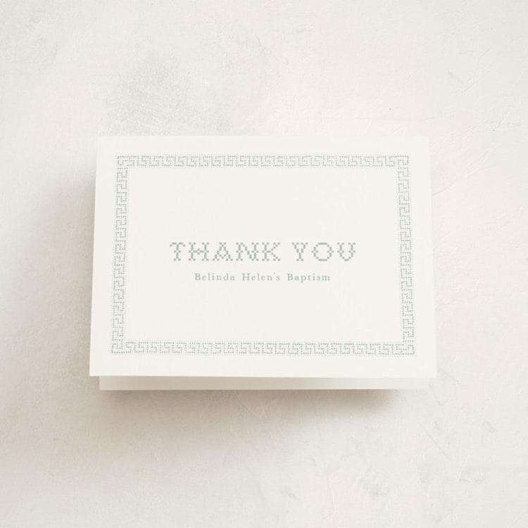 "Cross Stitch" - Baptism and Christening Thank You Cards in Jade by Becky Nimoy - Front