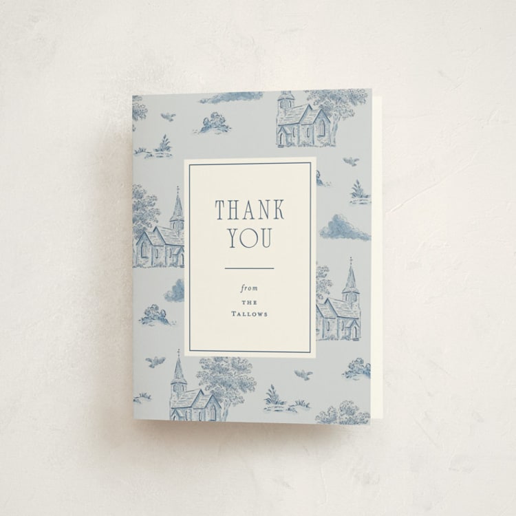 "Churchyard Toile" - Baptism and Christening Thank You Cards in Sky by Corinne Malesic - Front