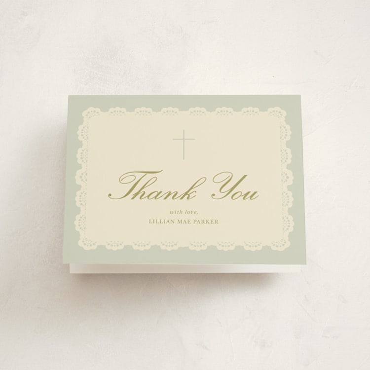 "Vintage Lace" - Baptism and Christening Thank You Cards in Sage by Rina Ozum - Front