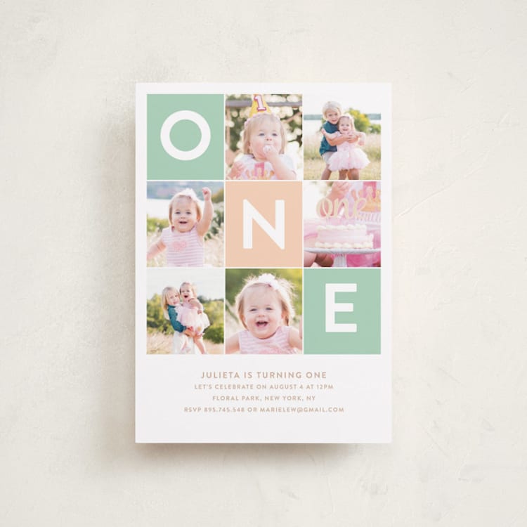 "Simply One" - Children's Birthday Party Invitations in Seafoam by Joanne James - Front