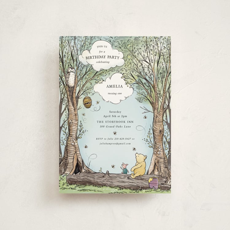 "Disney's Winnie the Pooh in the Wood" - Children's Birthday Party Invitations in Sky by Becky Nimoy - Front