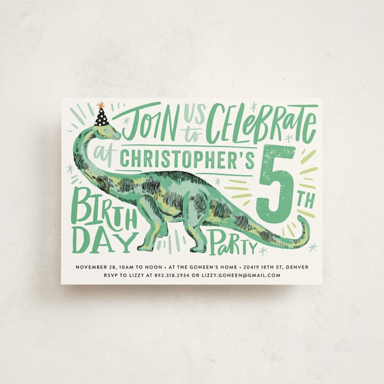 "Dino Party Hat" - Children's Birthday Party Invitations in Fern by Alethea and Ruth - Front
