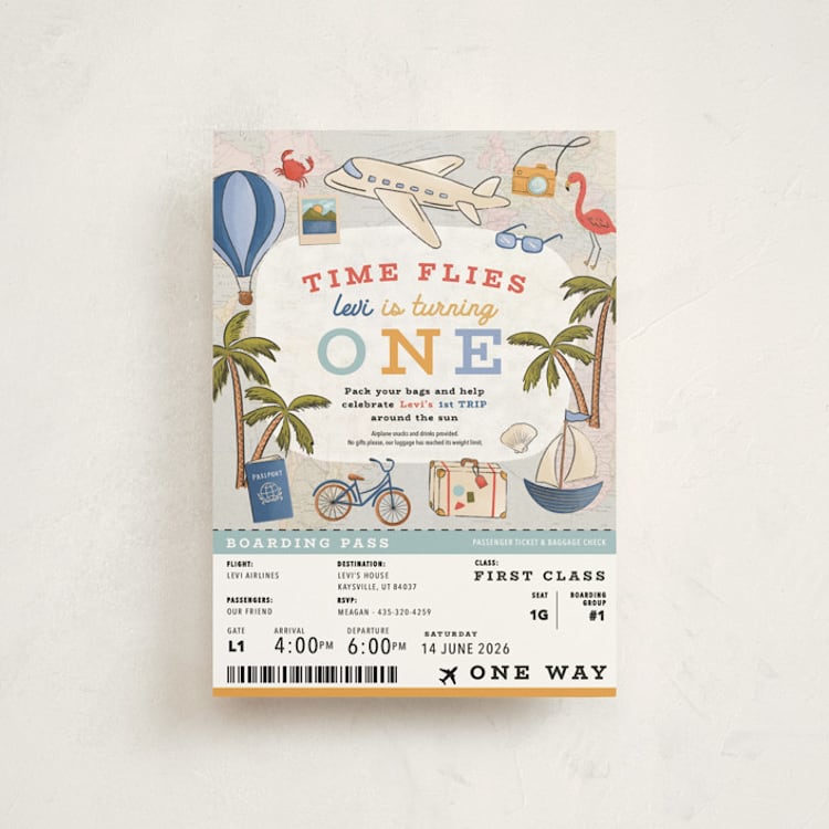 "First Class - Birthday" - Children's Birthday Party Invitations in Aqua by Meagan Griffin - Front