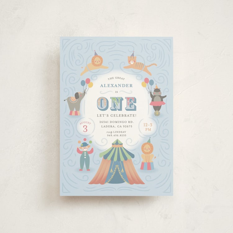 "Step Right Up" - Children's Birthday Party Invitations in Sky by Joanna Griffin - Front