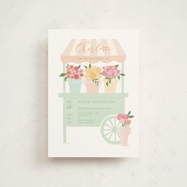 "Petite flower cart" - Children's Birthday Party Invitations in Grass by Jennifer Wick - Front