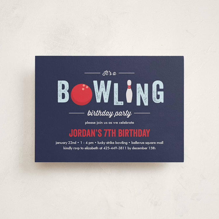 "Bowling birthday party" - Children's Birthday Party Invitations in Blue Slate by Anupama - Front