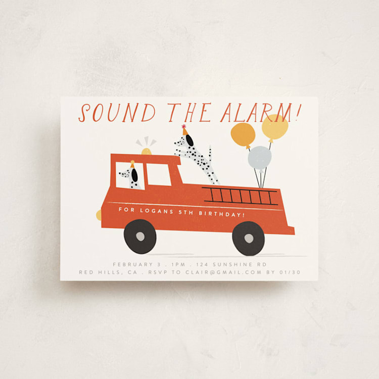 "Sound The Alarm!" - Children's Birthday Party Invitations in Dalmatian by Angela Thompson - Front
