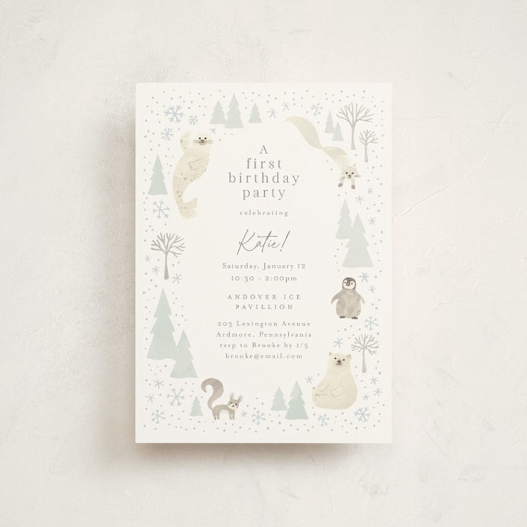 "Arctic friends" - Children's Birthday Party Invitations in Seafoam by Jennifer Wick - Front