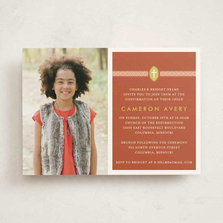 "Ribbon & Cross" - Confirmation Invitations in Terracotta by Dish and Spoon - Front