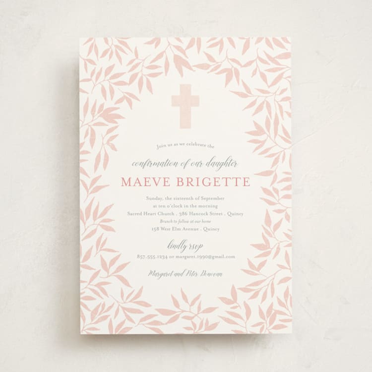 "Blessed Laurels" - Confirmation Invitations in Blush by Paula Pecevich - Front