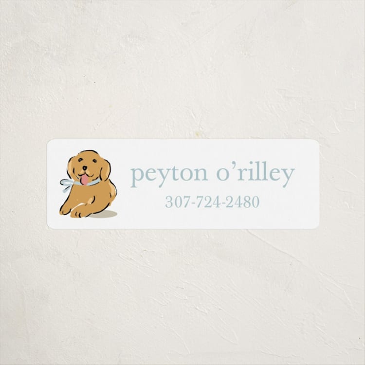 "Golden Pup" - Custom Name Labels in Bluebird by Susan Zinader - Front