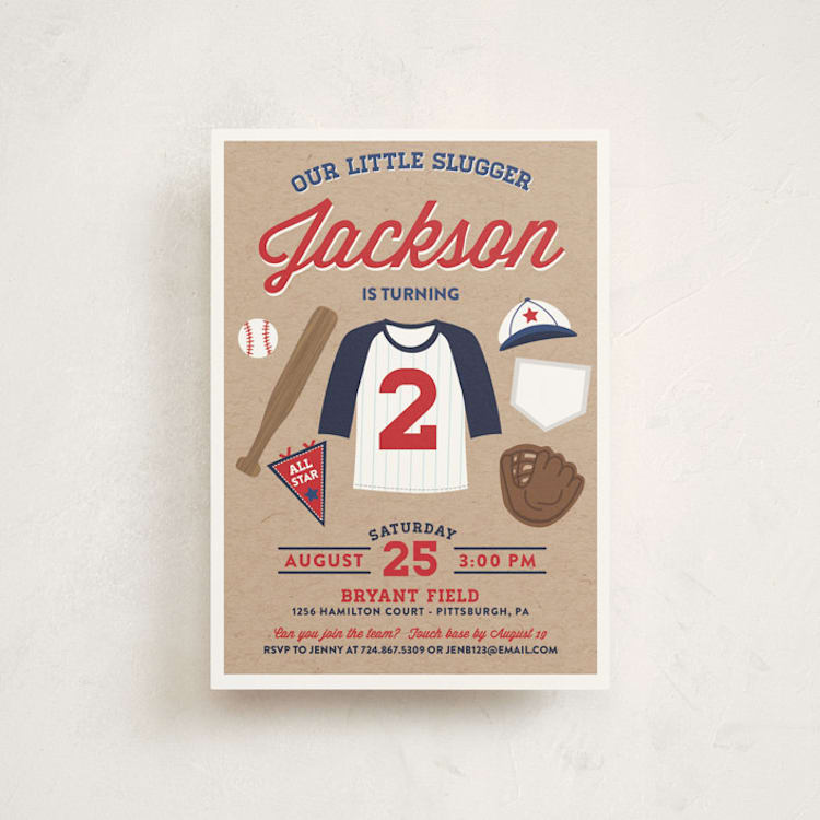 "Little Slugger" - Children's Birthday Party Invitations in Patriotic by One Swell Studio - Front