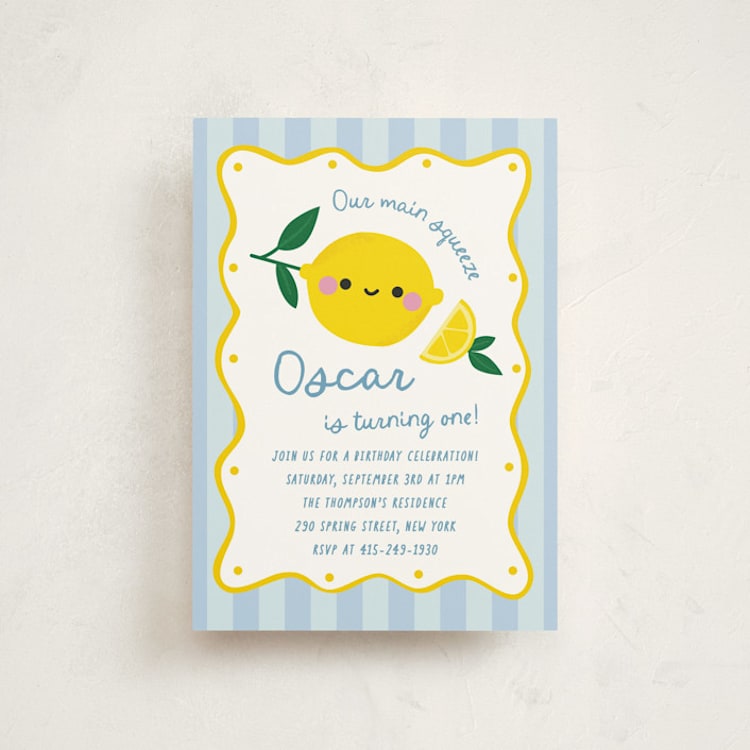 "Lemons" - Children's Birthday Party Invitations in Blueberry by Jennifer Lew - Front