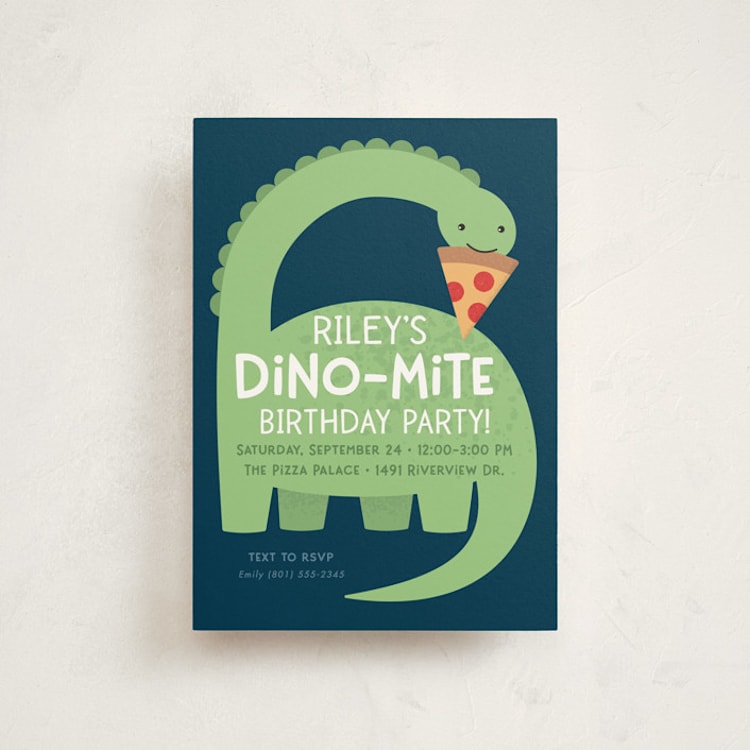 "Arched Dinosaur" - Children's Birthday Party Invitations in Leaf by Kacey Kendrick Wagner - Front