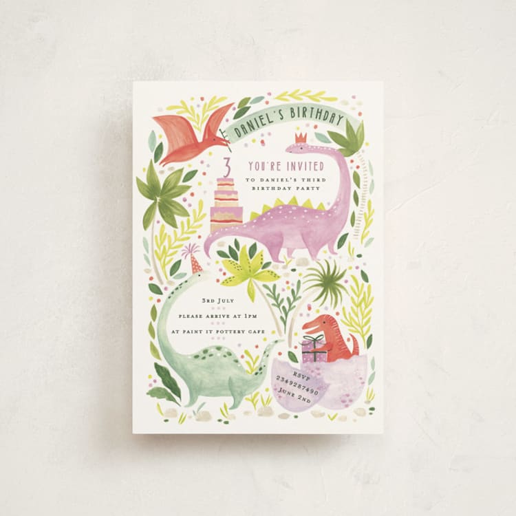 "Party Dinos" - Children's Birthday Party Invitations in Forest by Sarah Knight - Front