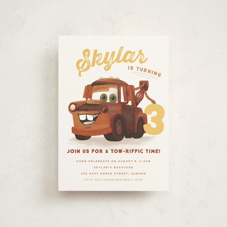"Disney and Pixar's Tow-riffic Mater" - Children's Birthday Party Invitations in Pearl by Jessie Steury - Front