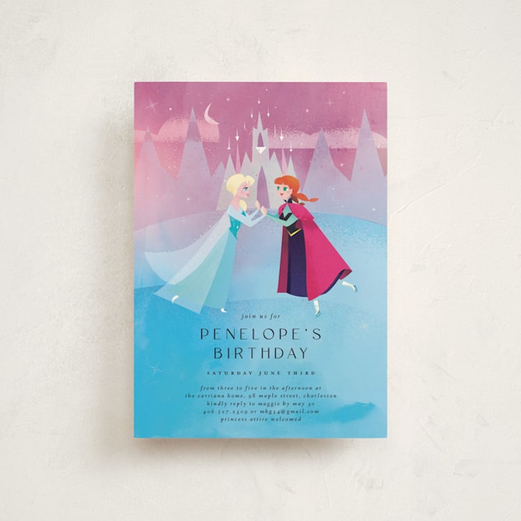 "Elsa and Anna from Disney's Frozen" - Children's Birthday Party Invitations in Twilight by Lori Wemple - Front