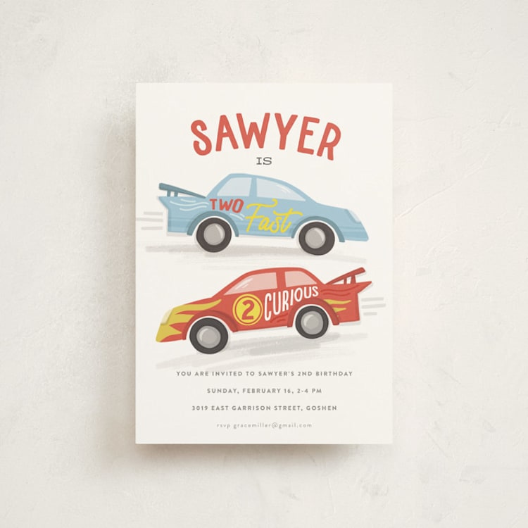 "Two Fast" - Children's Birthday Party Invitations in Racing Red by Jessie Steury - Front