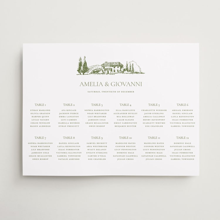 "Vineyard Elegance" - Custom Seating Charts in Olive by Lucrecia Caporale - Front