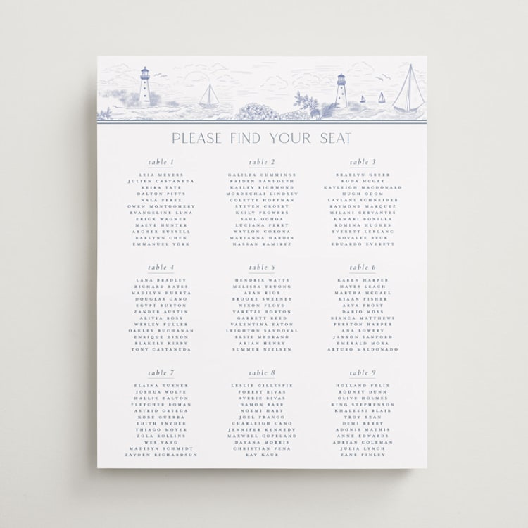 "Coastal Toile" - Custom Seating Charts in Periwinkle by Jenna Holcomb - Front
