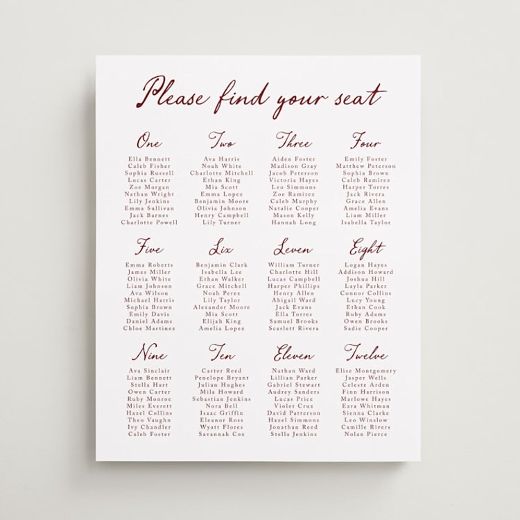 "Handwritten" - Custom Seating Charts in Wine by Cass Loh - Front