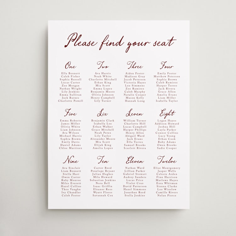 "Handwritten" - Custom Seating Charts in Wine by Cass Loh - Front
