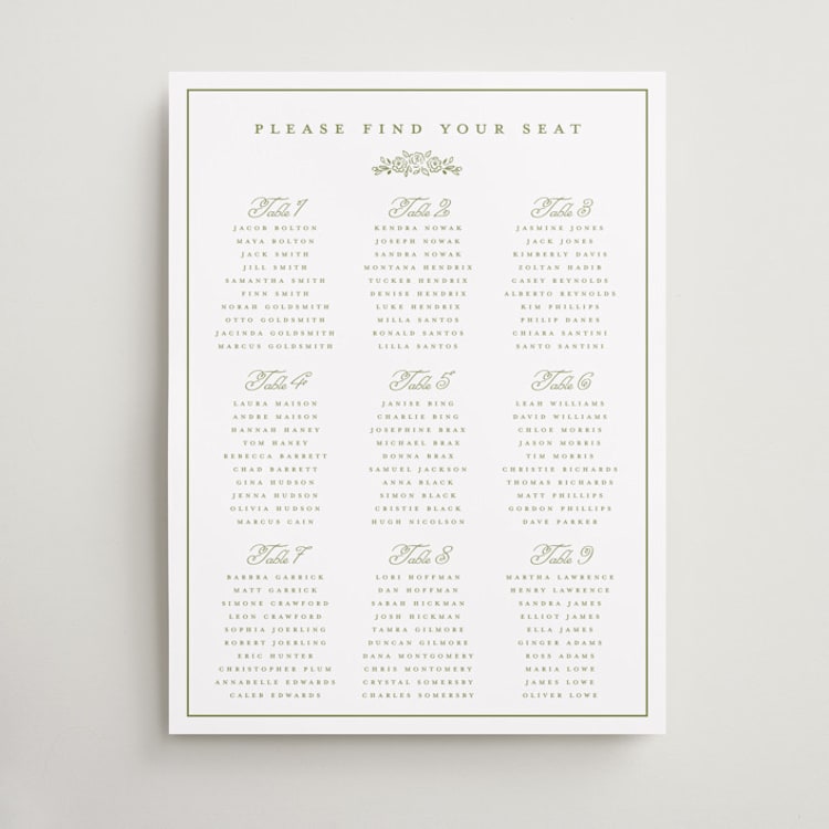 "Crestino" - Custom Seating Charts in Moss by Petra Kern - Front