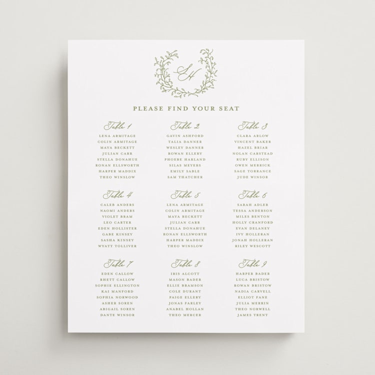 "Garden Script" - Custom Seating Charts in Pistachio by Katherine Moynagh - Front