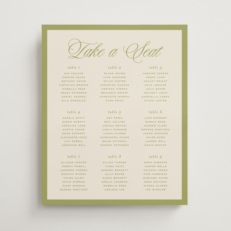 "rory" - Custom Seating Charts in Olive by Ellen Schlegelmilch - Front