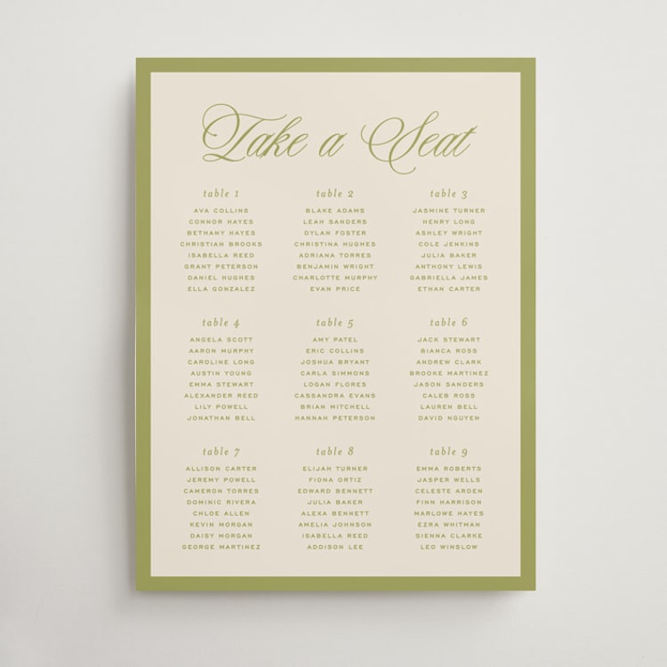 "rory" - Custom Seating Charts in Olive by Ellen Schlegelmilch - Front