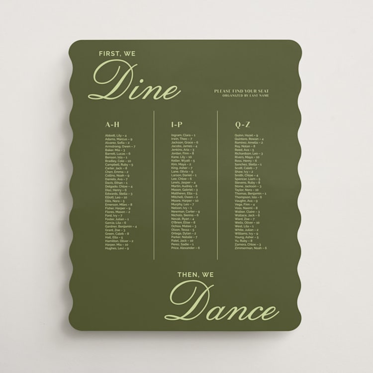 "Cafe Matrimony" - Custom Seating Charts in Olive and Honey Dew by Kelley McQuillen - Front