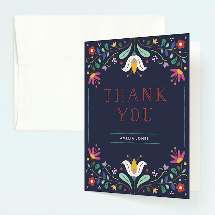 "Folk Florals" - Children's Birthday Party Thank You Cards in Navy by Amber Barkley - Front