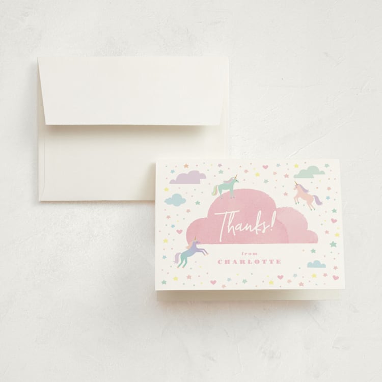 "Unicorn Dreams" - Children's Birthday Party Thank You Cards in Bubblegum by Jennifer Wick - Front