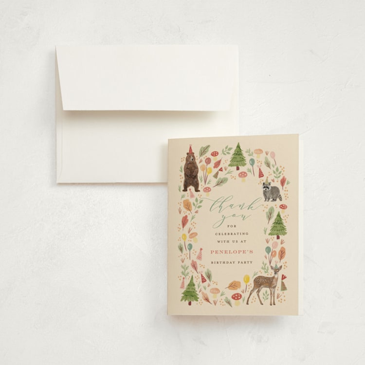 "Woodland Celebration" - Children's Birthday Party Thank You Cards in Sunshine by iamtanya - Front
