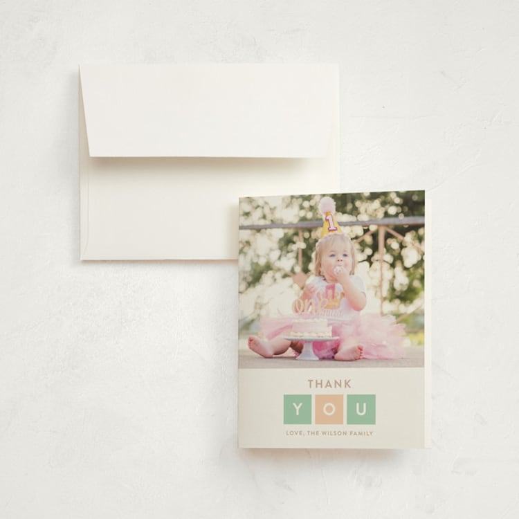 "Simply One" - Children's Birthday Party Thank You Cards in Seafoam by Joanne James - Front