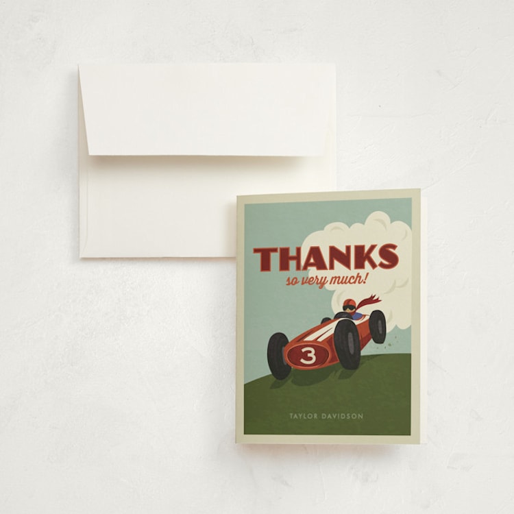 "Start Your Engines" - Children's Birthday Party Thank You Cards in Maroon by Karidy Walker - Front