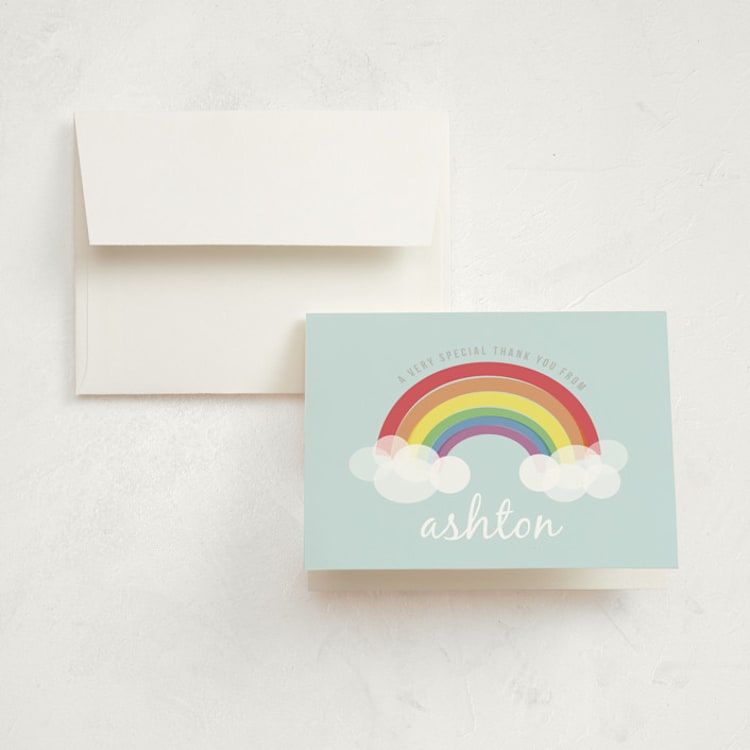 "Rainbow Celebration" - Children's Birthday Party Thank You Cards in Soft Teal by Angela Garrick - Front