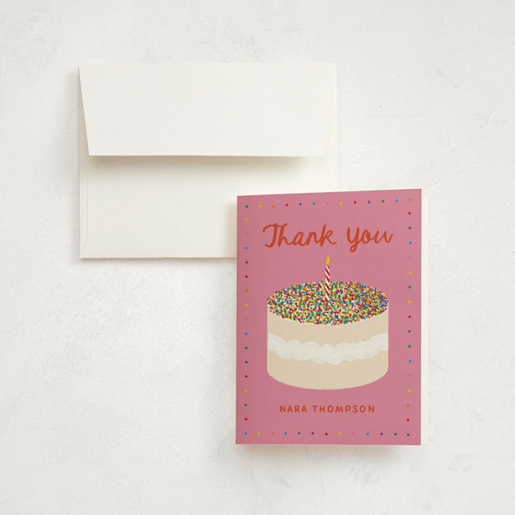 "Dot Cake" - Children's Birthday Party Thank You Cards in Strawberry by Jennifer Lew - Front
