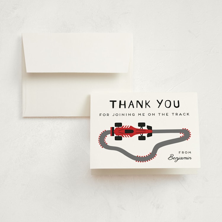 "Formula one car" - Children's Birthday Party Thank You Cards in Ruby by Ester Bernaldo de Quiros - Front