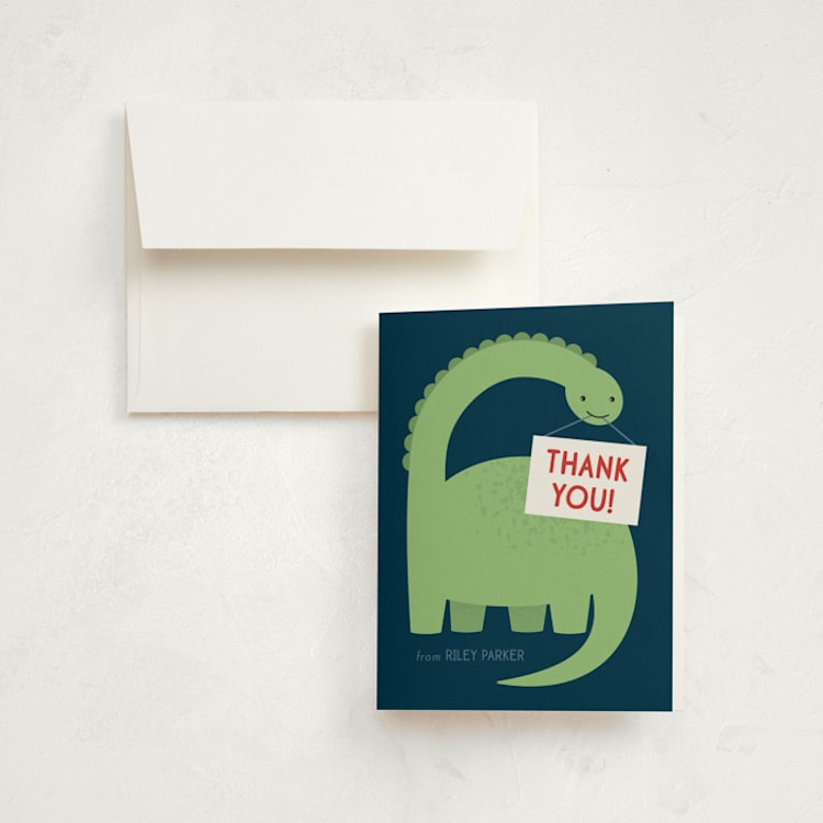 "Arched Dinosaur" - Children's Birthday Party Thank You Cards in Leaf by Kacey Kendrick Wagner - Front