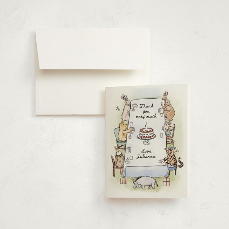 "Disney's Pooh and Friends Party Table" - Children's Birthday Party Thank You Cards in Mist by Becky Nimoy - Front