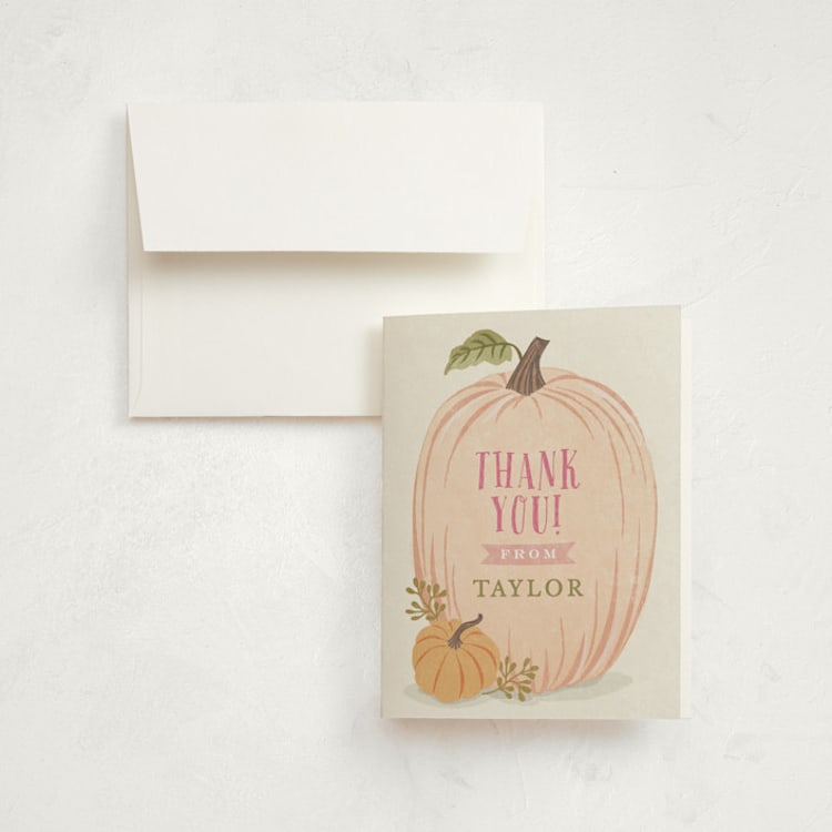 "Autumn Pumpkin" - Children's Birthday Party Thank You Cards in Peach by Karidy Walker - Front