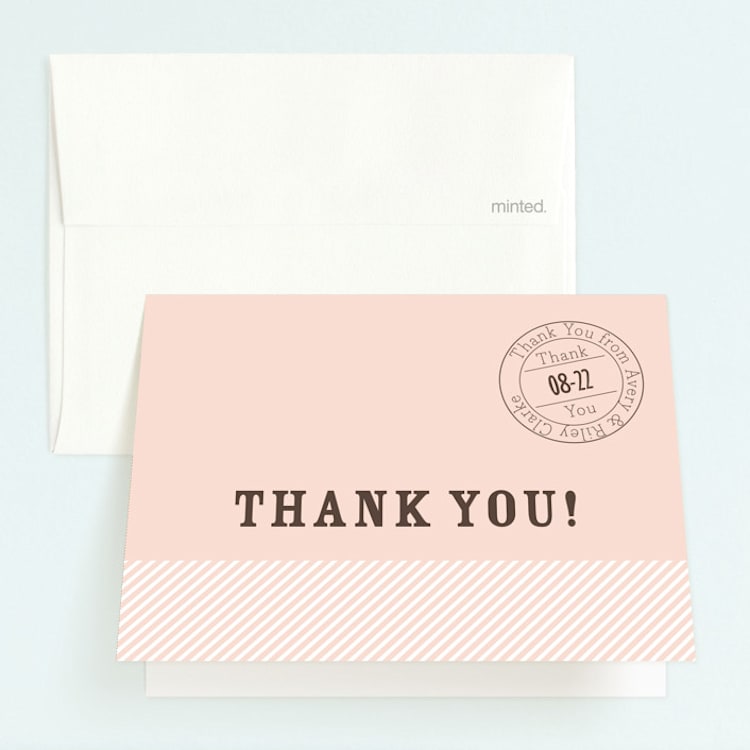 "Vintage Stripes" - Children's Birthday Party Thank You Cards in Soft Rose by BeachPaperCo - Front